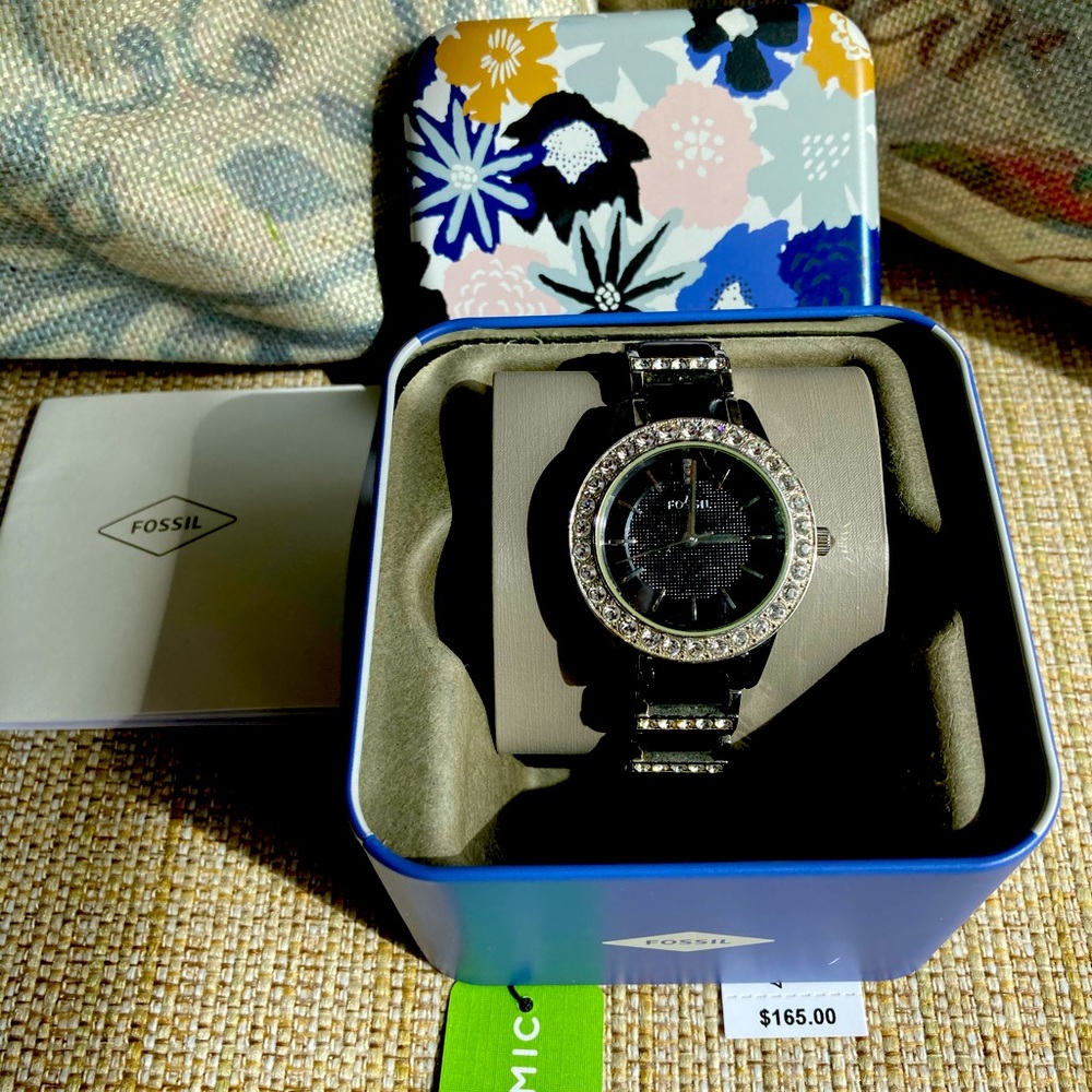 Fossil Watch Black Ceramic and Crystal